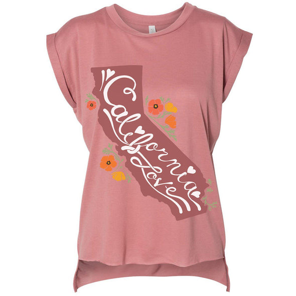 CA State With Poppies Rolled Sleeve Tank-CA LIMITED