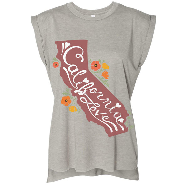 CA State With Poppies Rolled Sleeve Tank-CA LIMITED