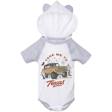 Take Me Tx Hooded Baby Onesie-CA LIMITED